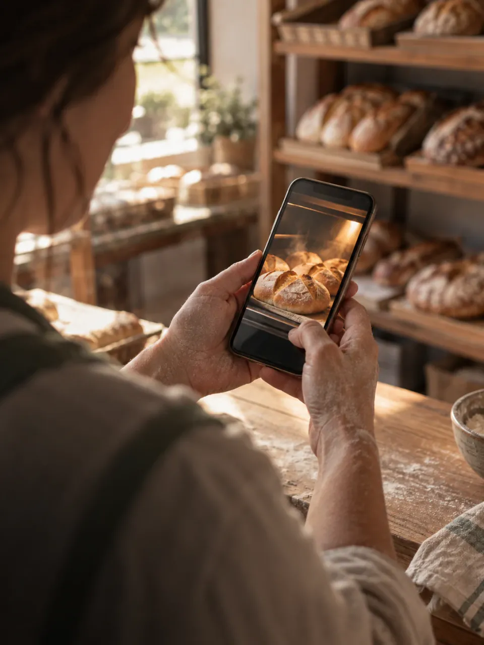 A bakery owner reviewing a video on her phone behind the counter