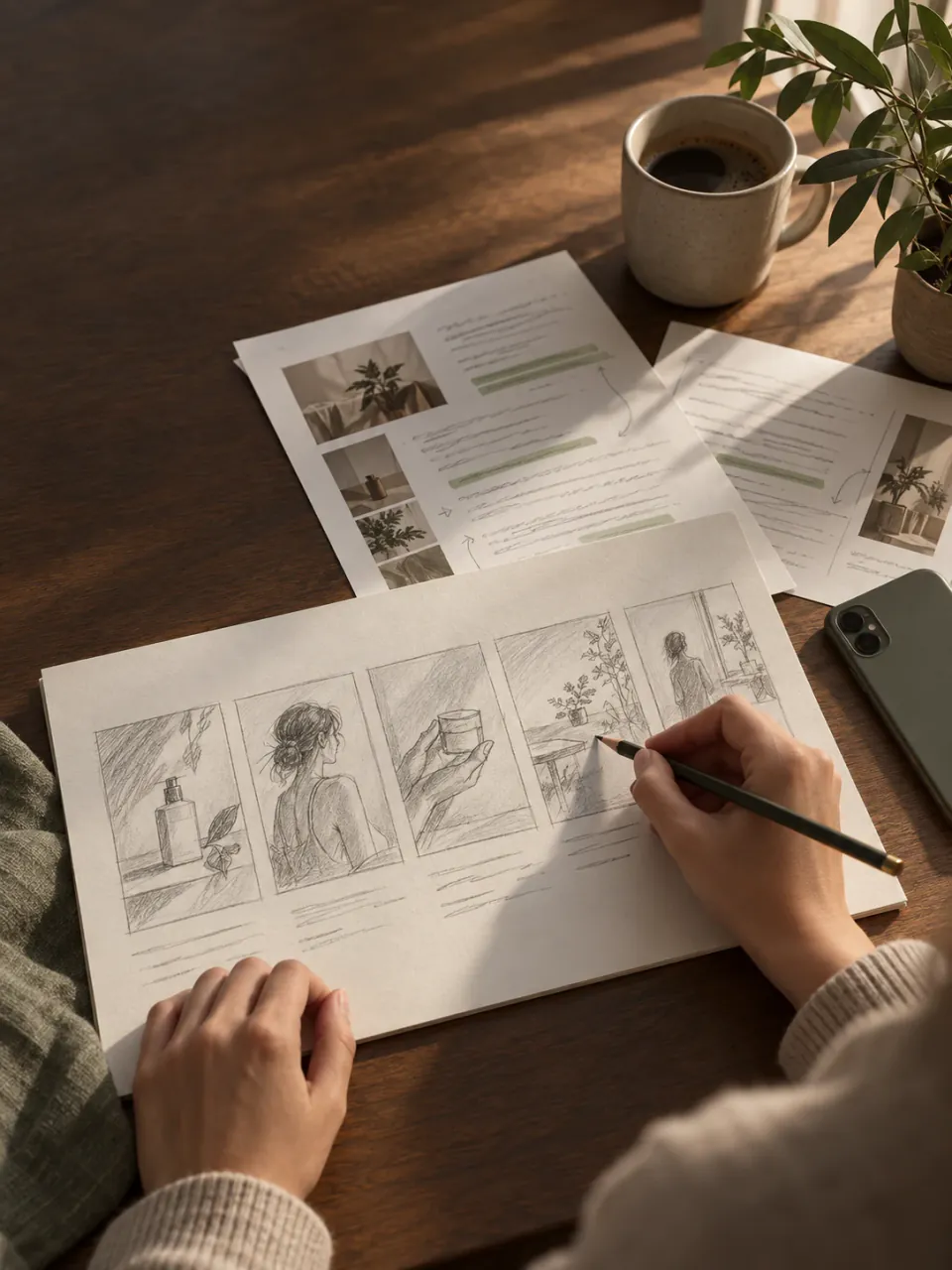 Hands sketching a storyboard of vertical videos next to printed scripts