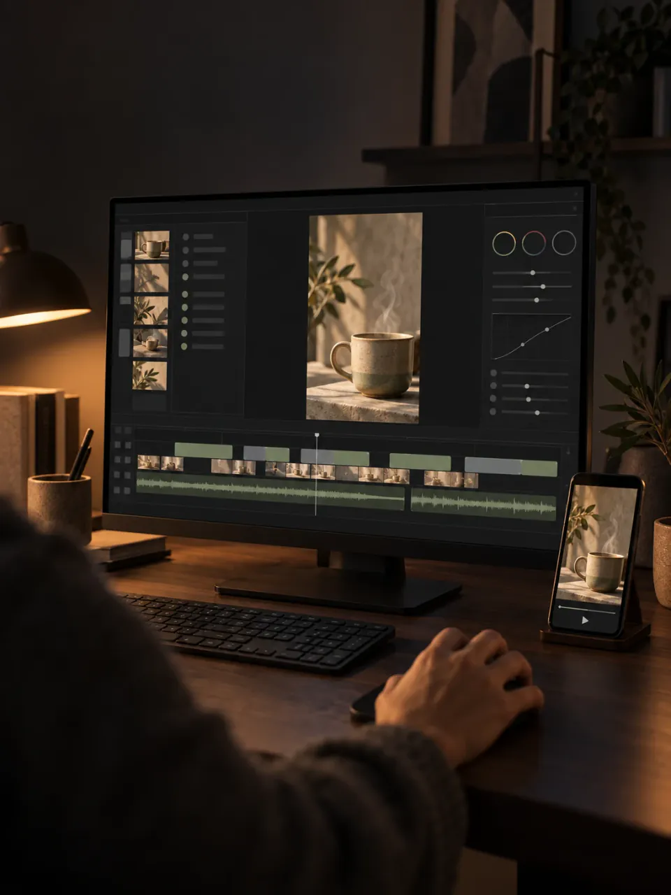 An editing monitor showing the timeline of a vertical video